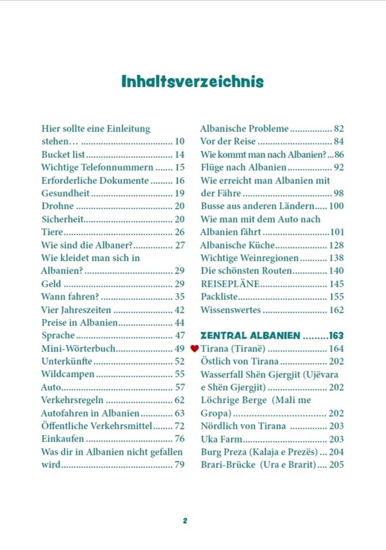 Inhaltsverzeichnis Albanien Reiseführer mit Routen, Stränden, Offroad und Sehenswürdigkeiten